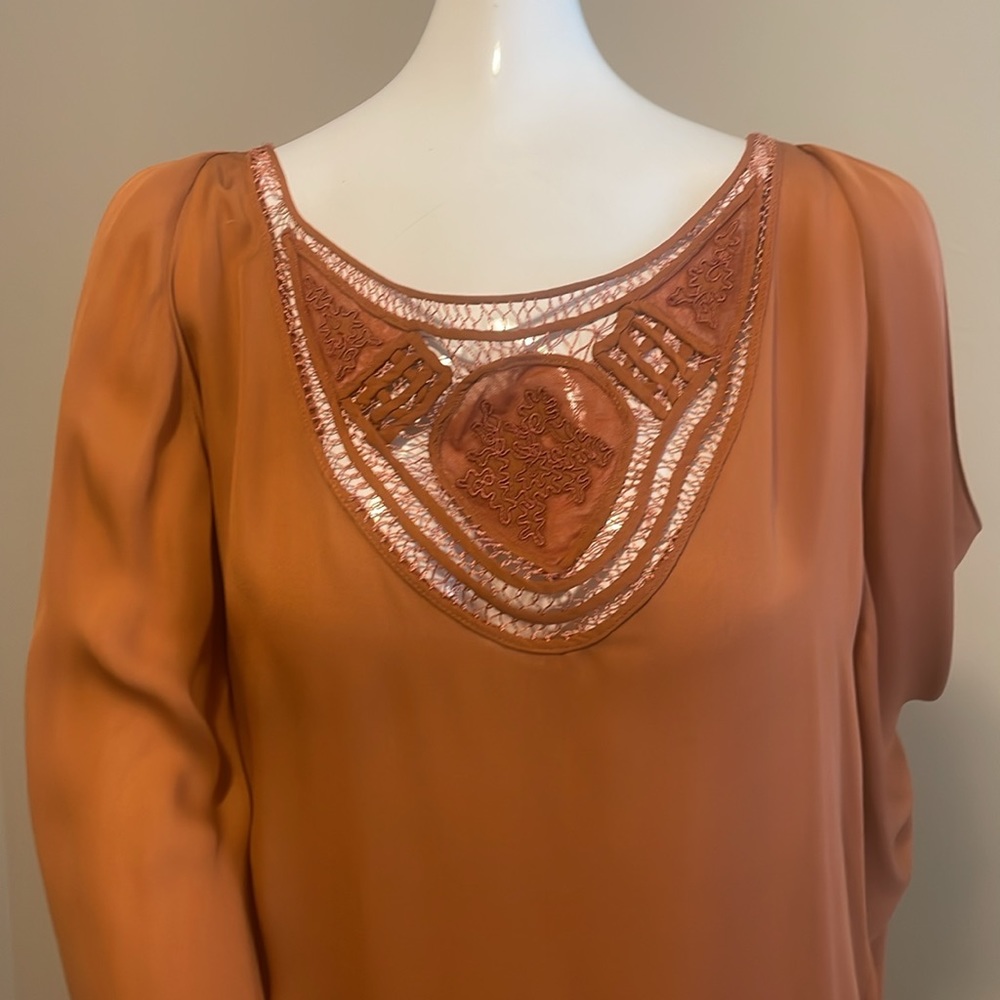 Haute Hippie Bronze Silk Chiffon Top Dolmam Sleeves Deep Embellished V-Neck M EC - Picture 2 of 15
